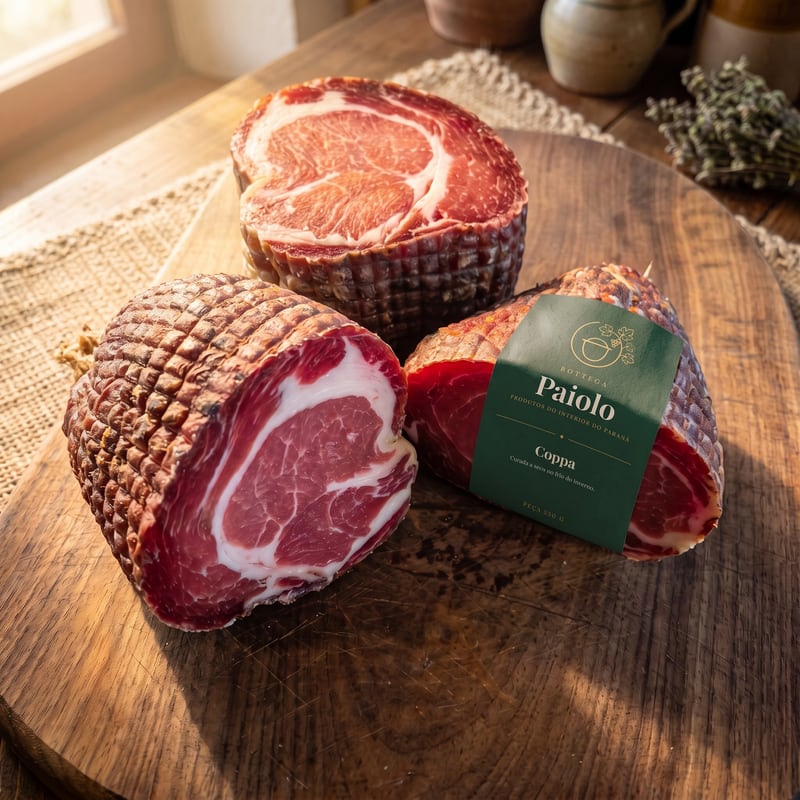 Peças de coppa curada fatiadas sobre tábua de madeira