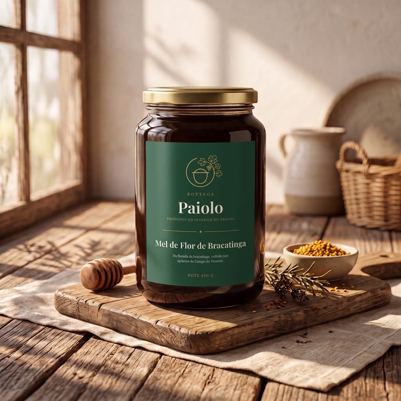 Pote de mel de flor de bracatinga sobre tábua de madeira, ao lado de uma colher de mel