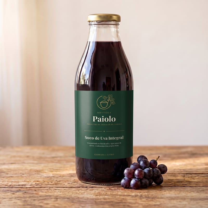 Garrafa de suco de uva integral com um cacho de uvas ao lado